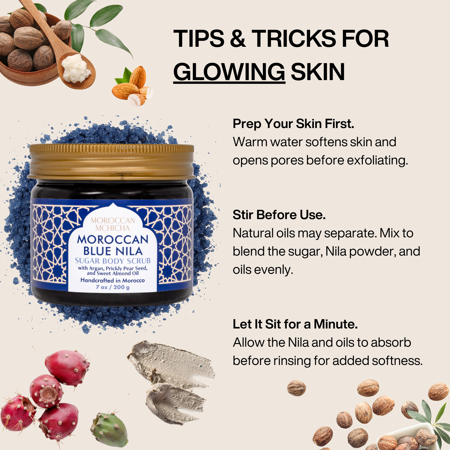 Moroccan Body Scrub Nila Mask with Argan Oil, Sweet Almond, Prickly Pear Seed Oil, Vitamin E Oil, and Shea Butter, Moroccan Body Care (7 oz)