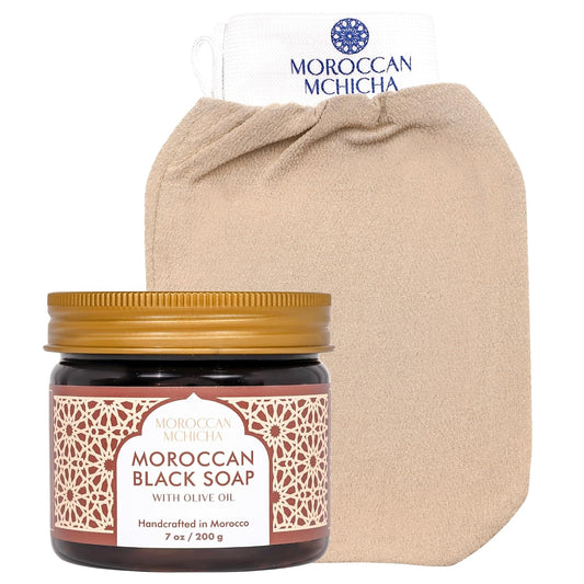 Moroccan Black Beldi Soap with Olive Oil & Kessa Glove Bundle - Traditional Exfoliating Hammam Skincare Set